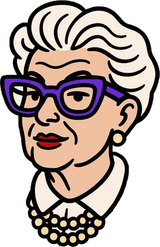 Manou, la grand-mère de la maison, lunettes violettes et collier de perles